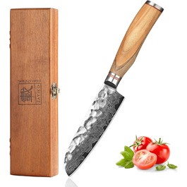 Японський ніж Santoku Zayiko Minami Premium з 12 см лезом з дамаської сталі 67 шарів, ручка з оливкового дерева, дерев'яна коробка. Кухонний ніж для професіоналів та дому без гравіювання