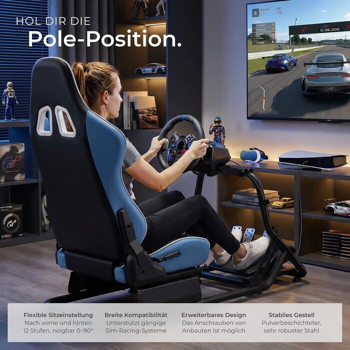 Ігровий симулятор Sim Racing Cockpit tectake® для Fanatec, Logitech, Thrustmaster, регульоване гоночне крісло GT-Style, сталевий каркас, до 120 кг (Чорний/Лазурний)