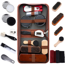 FGXY Shoe Care Set, 11-Piece Shoe Care Kit Shoe Polishing Travel Set with Brush Horsehair Shoe Cream Wood Applicator Brushes Shoehorn (11 Pcs)