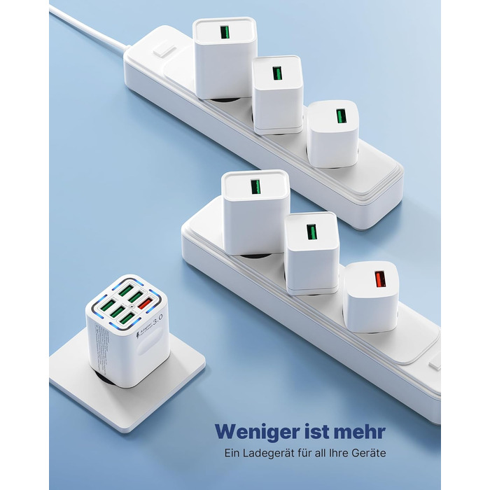 Зарядний пристрій USB 6-портовий, 33W, адаптер з QC 3.0, багатопортовий зарядний пристрій, мережевий адаптер для iPhone 16 15 14 13 12 11 Pro Max, iPad, мобільний телефон, білий