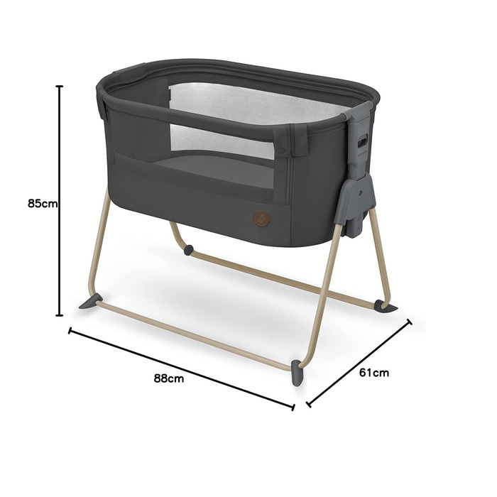 Maxi-Cosi Tori 2-in-1 Bedside Crib, Crib, 0 to approximately 6 months, 0–9 kg, compactly foldable, lightweight, 5 height levels, portable bedside crib with breathable mesh fabric, Beyond Graphite