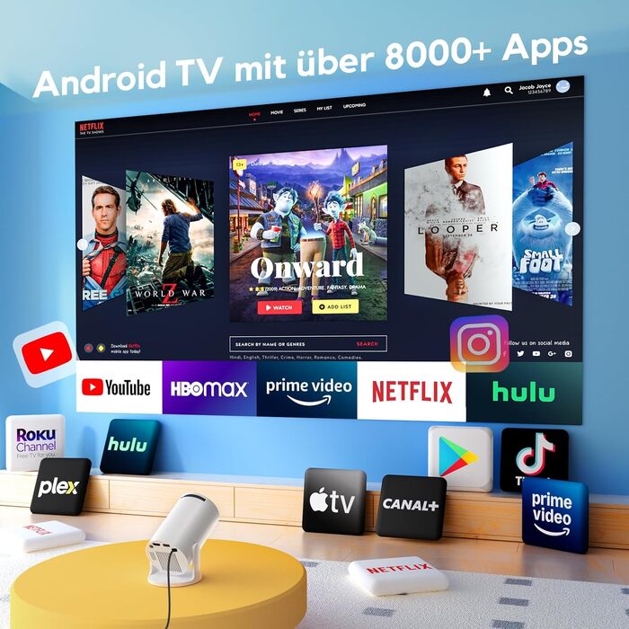 Розумний проєктор AKIYO O2 з підтримкою 1080P, Android 11, WiFi 6, Bluetooth 5.4 та автотрапецеїдною корекцією. Підтримка HDMI, USB, Smartphone, Laptop, PS5. Поворотний на 180°