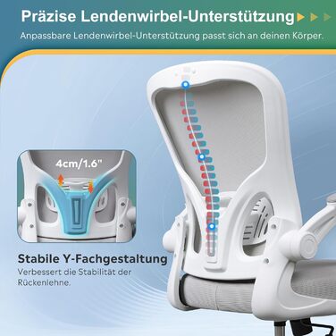 Офісний стіл DEVAISE: ергономічний крісло з регульованою підтримкою попереку та відкидними підлокітниками, регульована висота, білий, до 136 кг, без підголівника