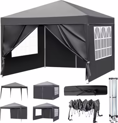 3x3m Gazebo, Pop-up Folding Gazebo, Waterproof, Winterproof, Adjustable Height, UV Protection 50+, Steel Frame, for Garden, Party, Camping, Outdoor, with 4 Side Panels, Dark Grey