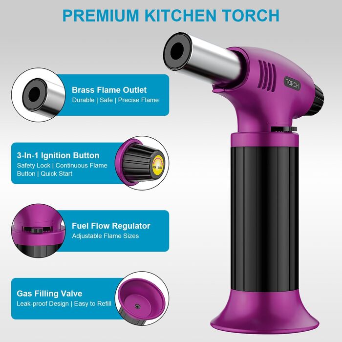 Наповнюваний пальник для крем-брюле, міні-пальник з безпечним затвором та регульованим полум'ям для десертів, BBQ, фіолетово-чорний