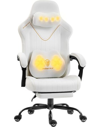 Ігровий крісло Dowinx з масажем, ергономічний дизайн, підтримка попереку та шиї, до 135 кг, шкіра, для дорослих (білий)