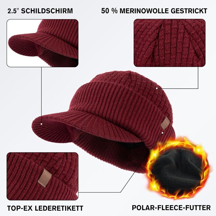 Шапка в'язана з мериносової вовни TOP-EX PolarWool™ для чоловіків та жінок, з підкладкою з флісу, для занять спортом, катання на лижах, тепла зимова шапка, M-XXL (Бордовий, XL-XXL)