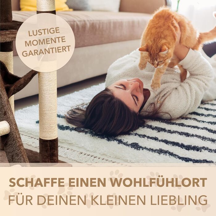 Кігтеточка для котів Foxdevil від xonic® - стабільна, багатофункціональна, з платформою, гамаком, будиночком, іграшкою, 141 см (Коричнева V1)