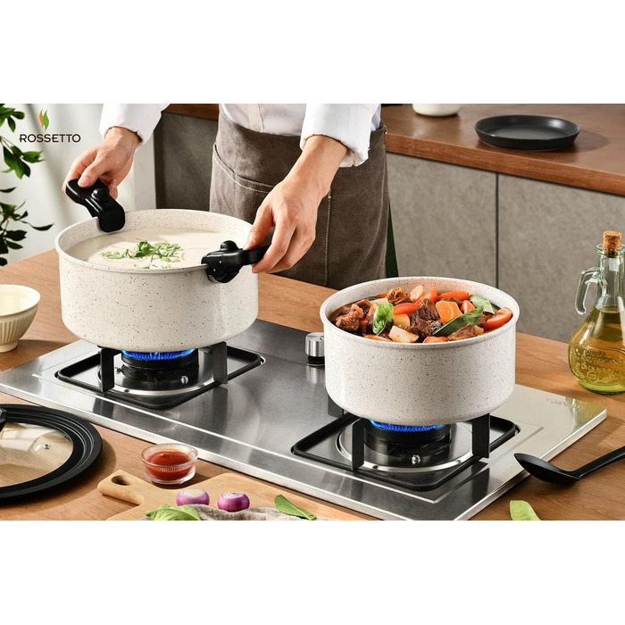 Набір посуду ROSSETTO 23 предмета з знімними ручками та керамічним антипригарним покриттям, складається для зберігання. Включає: каструлі, сковорідки, сотейники, казани. Без PFOA та PFOS.