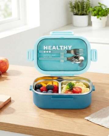 Ланчбокс Lille Home Bento з нержавіючої сталі, 850 мл, 2 відділення, витікання, з сумкою та столовими приборами, BPA-free (Світло-блакитний)