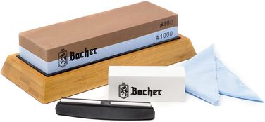 Преміум точильний камінь Bacher Schleifstein, двосторонній, зернистість 400/1000. Точило для ножів з бамбуковою підставкою, точильний камінь, допомога у заточуванні та детальна інструкція.