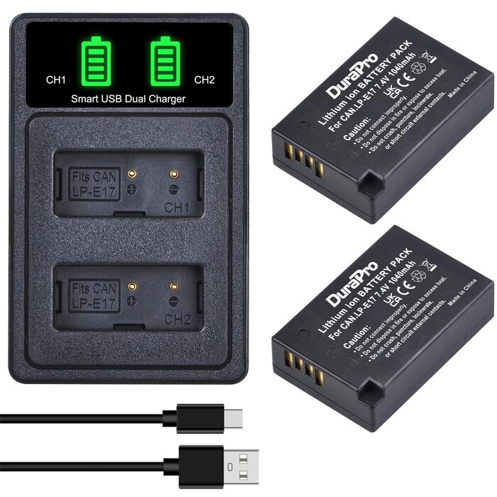 Акумулятор DuraPro 2X 1040mAh LP-E17 для Canon EOS M3, M5, M6, Rebel SL2, T6i, T6s, T7i, 200D, 250D, 750D, 760D, 800D, 8000D, RP та USB-зарядний пристрій Type-C з LED-індикатором