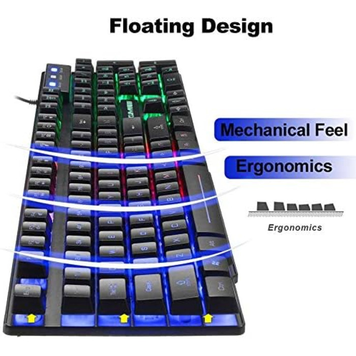 Ігровий набір клавіатури та миші UK-Layout 4-в-1 з підсвічуванням RGB, миша 2400 DPI, навушники + килимок для миші, чорний