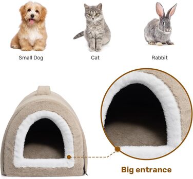 Hollypet Cat Bed, Small Dog Bed, 2-in-1 Foldable Plush Pet Bed for Cats & Small Dogs, Cozy and Soft Pet Cave Bed for Indoor Outdoor, Light Brown