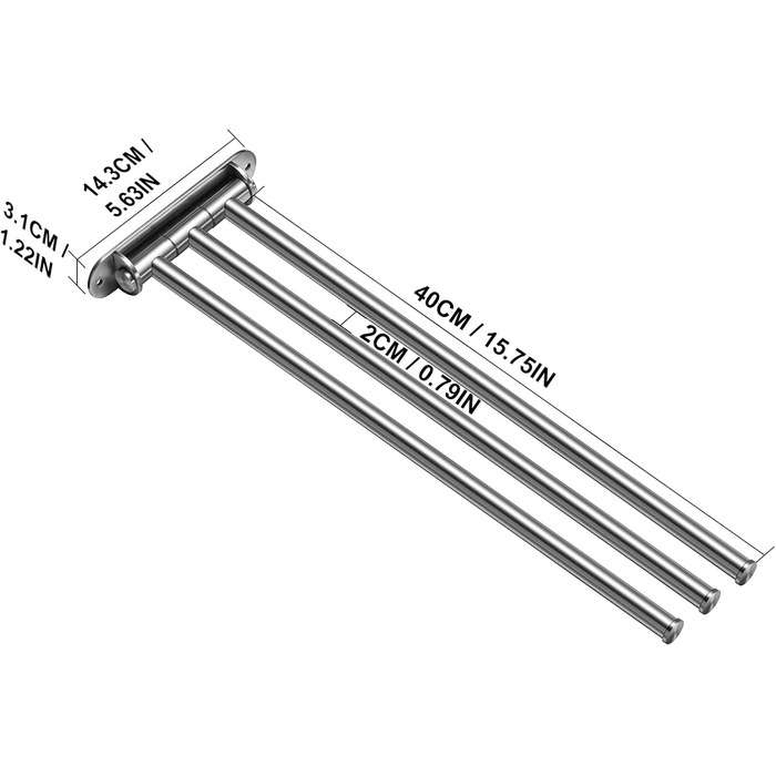 Тримач для рушників у ванну кімнату з 3-ма полицями, поворотний, 40 см, нержавіюча сталь, сріблястий