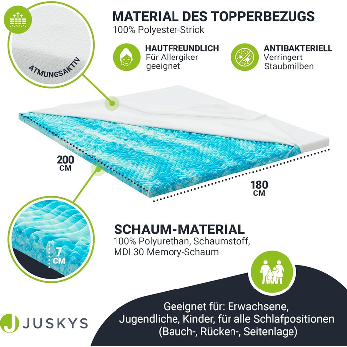 Juskys Topper 180x200 cm Memory Foam Topper, 7-Zone Orthopedic & Breathable, 7cm Height, H2 - H3 Firmness, Washable Cover - Mattress Topper, Mattress Pad