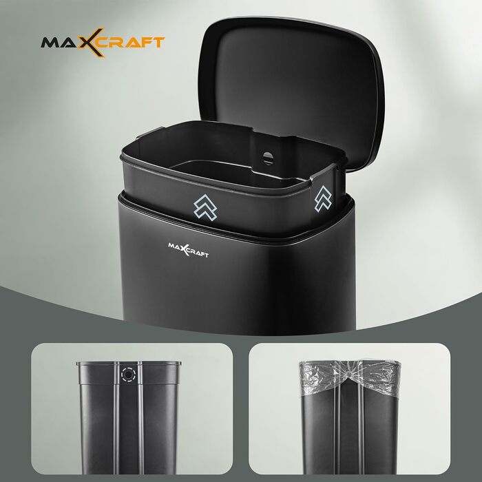 Степле́р для смі́ття 50 літрів зі сталі з внутрішнім відром з пластику - з м'яким закриттям кришки, для кухні, ванної кімнати або офісу - чорного кольору