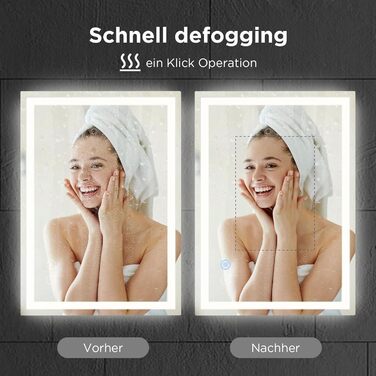 Дзеркало для ванної кімнати з підсвічуванням 50x70 см, сенсорне керування, протитуманне покриття, 3 кольори світла, регулювання яскравості, пам'ять налаштувань, матове, прямокутне