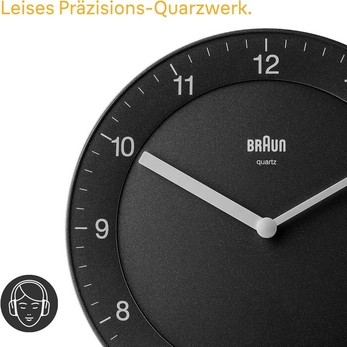 Braun Classic analog wall clock with quiet quartz movement, easy-to-read dial with a 20 cm diameter in black, model BC06B.