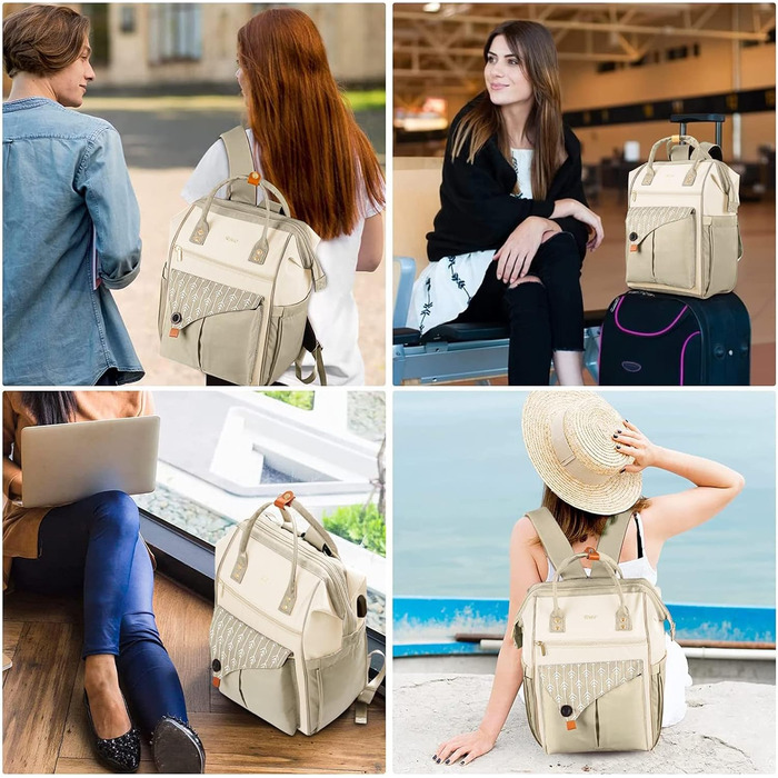 Жіночий рюкзак для ноутбука 15.6 дюймів, шкільний/робочий рюкзак з USB-портом для зарядки, для подорожей, кемпінгу, дівчатам, Оксфорд (Бежевий)