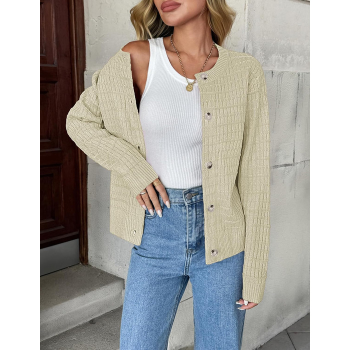 Жакет Zeagoo з довгими рукавами, кардиган з круглою шиєю, в'язаний жакет на ґудзиках, відкритий спереду, елегантний в'язаний светр для жінок (M, пісочний)