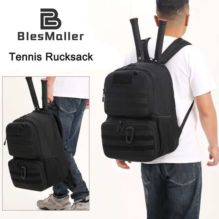 BlesMaller Tactical Tennis Backpack - Unisex with Shoe Compartment & Racket Protection - Black Sports Bag