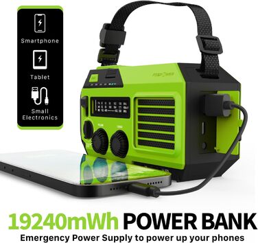 Радіоприймач FosPower NOAA/AM/FM з Power Bank 19240 мАг (5200 мАг) – сонячна/USB зарядка, ручний генератор, SOS-сигнал, ліхтарик, зелений