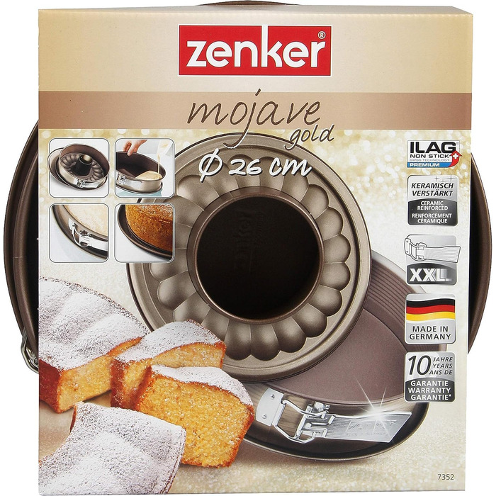 Zenker 7352 MOJAVE GOLD Springform, 26 cm Diameter – Stylish baking pan with flat and tube bottoms, Mahogany/Gold, Made in Germany
