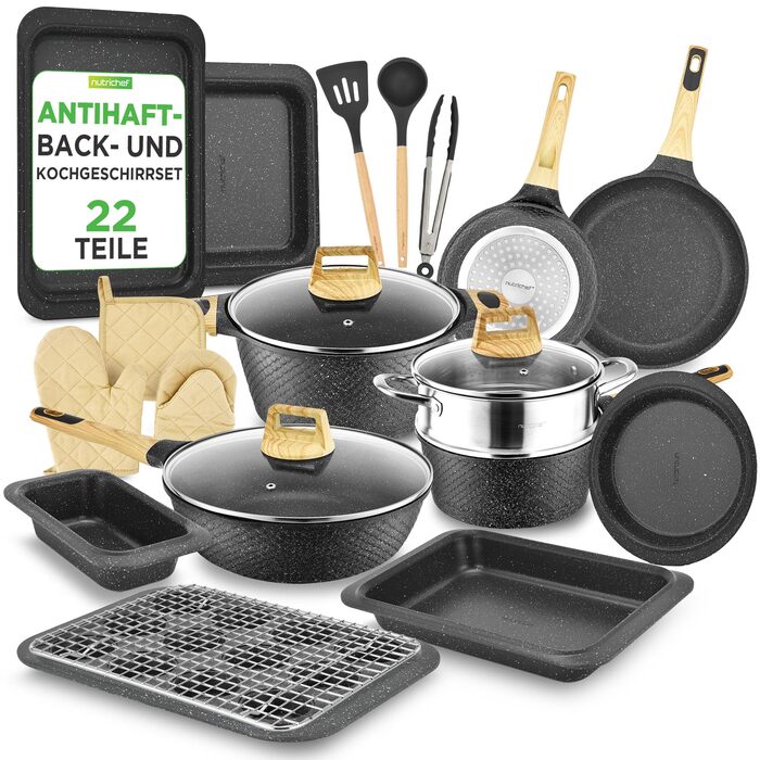 Набір посуду NutriChef 22 предмети антипригарний мармуровий – сковороди, каструлі, кухонне приладдя, форма для випічки, рукавиці, для індукції, посудомийна машина