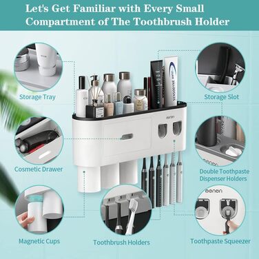 Wall-Mounted Toothbrush Holder with 2 Automatic Toothpaste Dispensers, 6 Toothbrush Slots, 3 Magnetic Cups, 1 Storage Drawer, and Large Storage Shelf