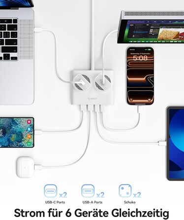 Мережевий адаптер ORICO 25W GaN 6-в-1 білий з 2 розетками AC, 4 USB (2 USB-C PD), кабелем 1.6м, 2500W для дому/офісу