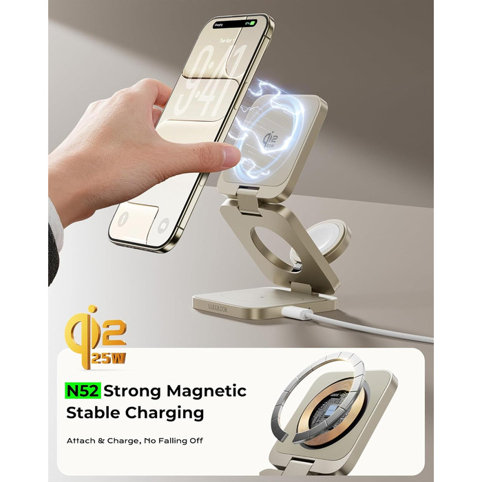 Зарядний пристрій 3-в-1 LULULOOK Ultra Kompakt Qi2.2 25W MagSafe для iPhone 17/16, Apple Watch та AirPods, GaN 45W, Титан