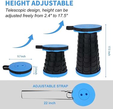 Складаний стілець для кемпінгу з регулюванням висоти, 6-45 см, вантажопідйомність 181 кг, портативний з ременем для перенесення (Блакитний - 1 шт.)