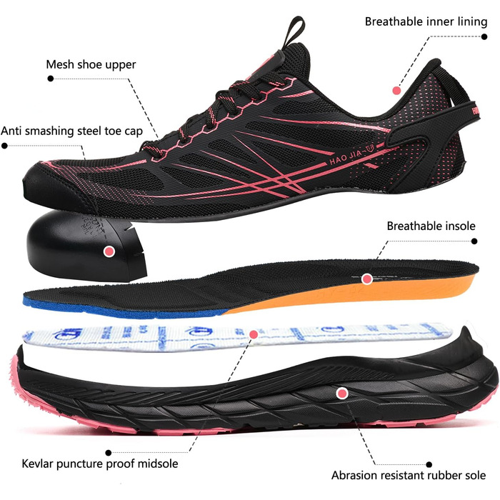 Черевики робочі чоловічі/жіночі, захисні черевики зі сталевим підноском, легкі, дихаючі, EU 37-46 (Рожевий, 39 EU)