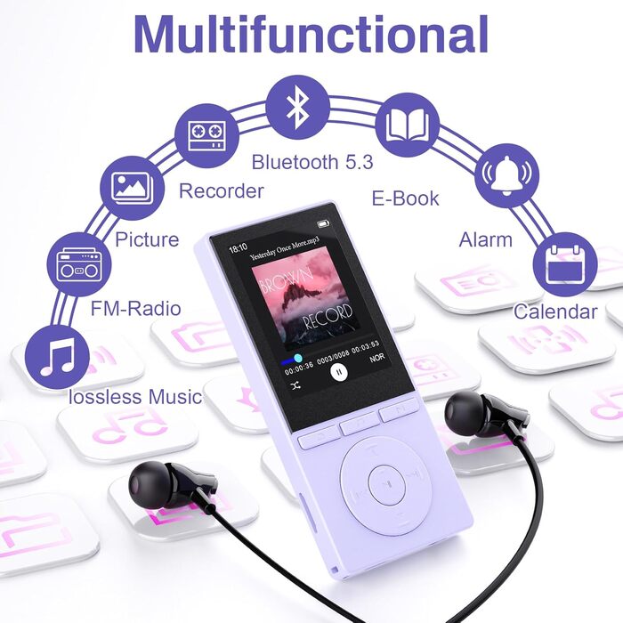 MP3 плеєр 64GB Bluetooth 5.3 з динаміком, записом голосу, E-book, HiFi звук, фіолетовий. Підтримка TF карти 128GB для спорту