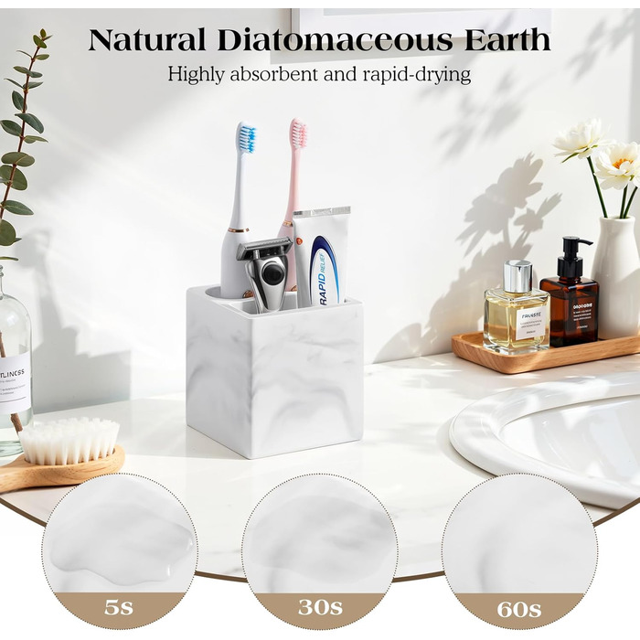 Тримач для зубних щіток Luxspire з 5 відсіками, керамічний, для ванної кімнати, електричних щіток та пасти, білий мармур