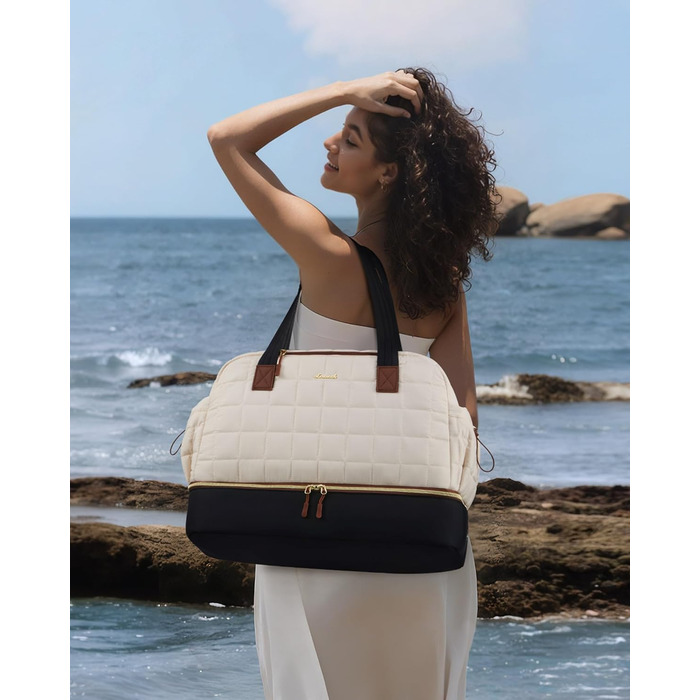 LOVEVOOK Сумка-мішок Weekender 35L, для подорожей, спортзалу, гімнастики, з відділенням для взуття та мокрих речей, ручна поклажа (Бежевий+чорний+коричневий)