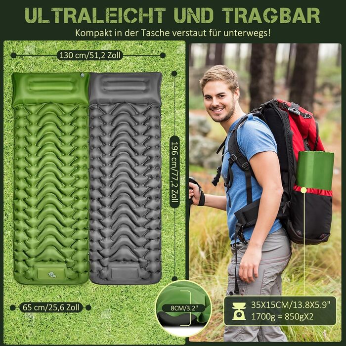 Self-Inflating Camping Mat with Integrated Support Belt - Durable & Moisture-Resistant Travel Pad for Camping, Indoor/Outdoor Use, Hiking (196x130x9cm)