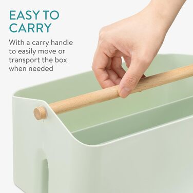 Navaris Storage Box with Wooden Handle - 2 Compartment Box Organizer for Bathroom Kitchen - Basket Storage for Cutlery Cleaning Supplies Portable Small - mint green