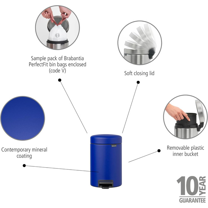 Відро для сміття Brabantia NewIcon 30L з м'яким закриттям та педальним механізмом, блакитне