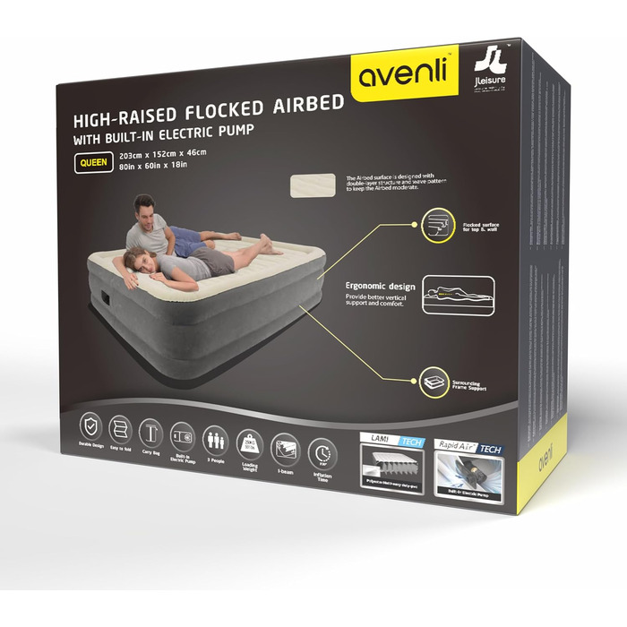 Надувний матрац-ліжко AVENLI самонадувний для 1 особи з інтегрованим насосом, висока ліжкомісце, флаокована поверхня для кемпінгу та дому (203x152x46 см)