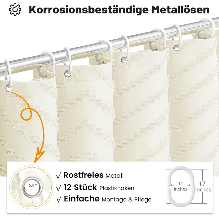 Штора для душу BTTN 180x180 см, бежева бохо, з китицями, водонепроникна, з гачками (1 шт)