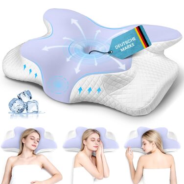 Ергономічна подушка з ефектом пам'яті Memory Foam для шиї та голови, ортопедична подушка для сну на боці, регульована висота, 62x41x13/11 см, світло-фіолетова