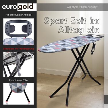 Прасувальна дошка EUROGOLD® Premium з турбо-покриттям 120x42 см - стабільна, регульована по висоті, з розеткою та антиковзними ніжками. Покриття з 100% бавовни (рожевий)