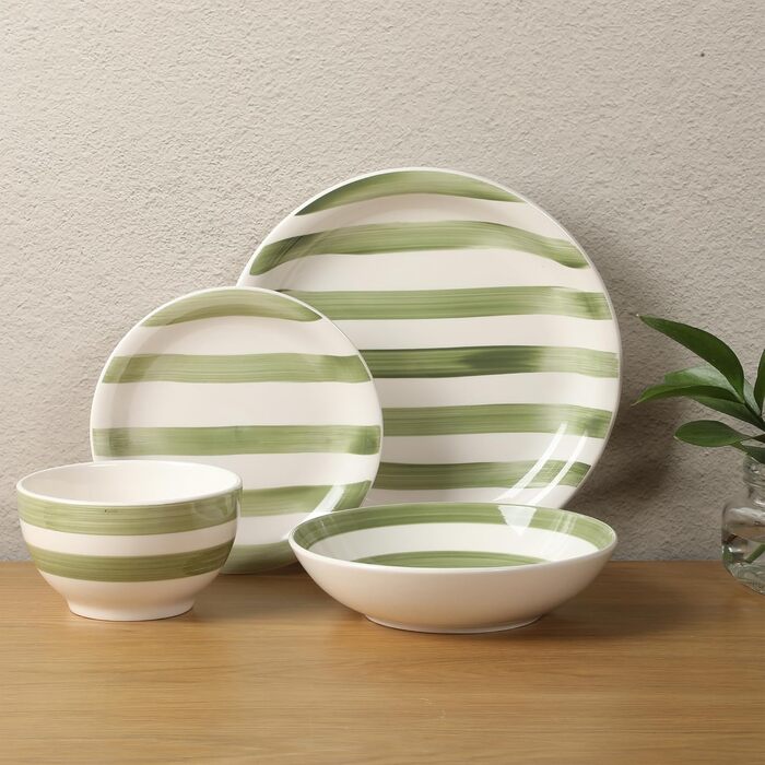 Сервіз Gibson Home Kenwood Shores, зелений в смужку, 16 предметів, ручна робота, для 4 осіб, посудомийна машина, мікрохвильова піч