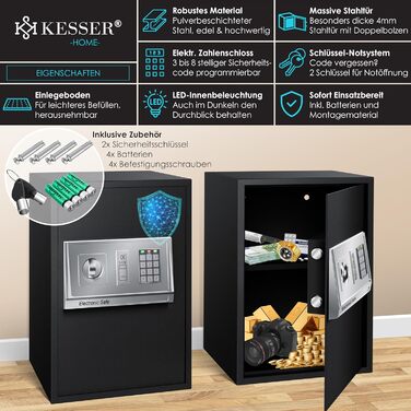 Електронний сейф KESSER® для дому та офісу 31x20x20 см, з подвійним замком, кріпленням, внутрішнім освітленням, сталевий (чорний, XL)