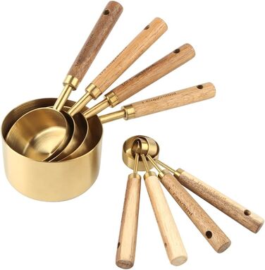 8-Piece Stainless Steel Measuring Cup and Spoon Set with Wooden Handle for Dry and Liquid Ingredients (Gold)