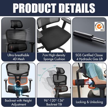 Офісний стіл Newtral з ергономічним дизайном: регульована поперекова підтримка, спинка та глибина сидіння, нахил та підголівник