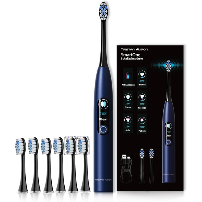 Tristan Auron Electric Sonic Toothbrush - 48,000 Vibrations, 5 Modes, Color Display, USB-C, 6-8 Week Battery, IPX7 Waterproof, 6 Brush Heads + SmartOne Protective Case (Blue) with 4-Pack