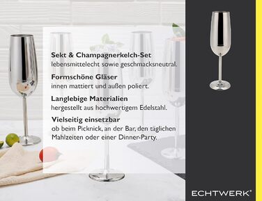 Набір келихів для шампанського та шампанського з нержавіючої сталі, 6 шт., 250 мл, сріблястий, для вечірок, свят, пікніків, подарунок